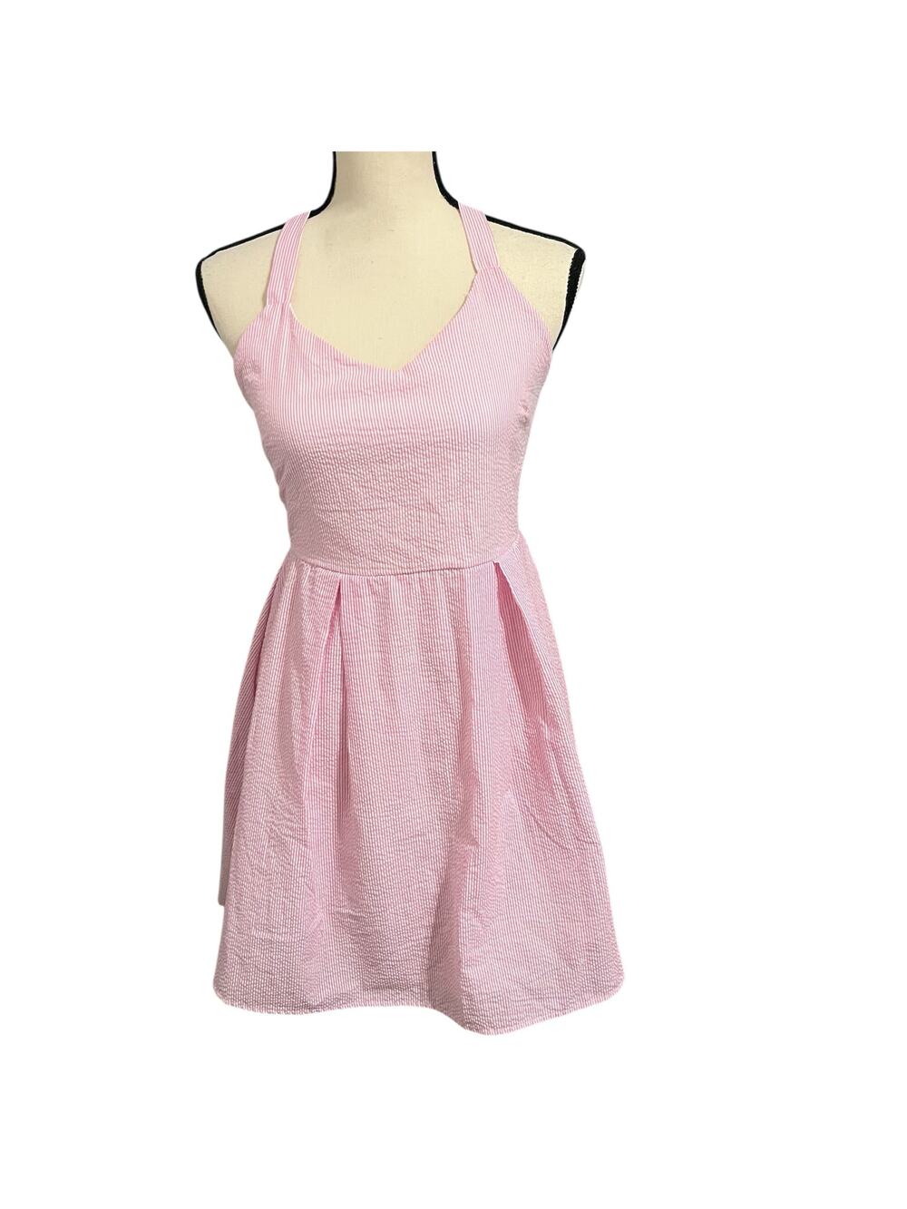 Peach Love California Women's Pink White Seersucker Summer Halter Dress Sz S